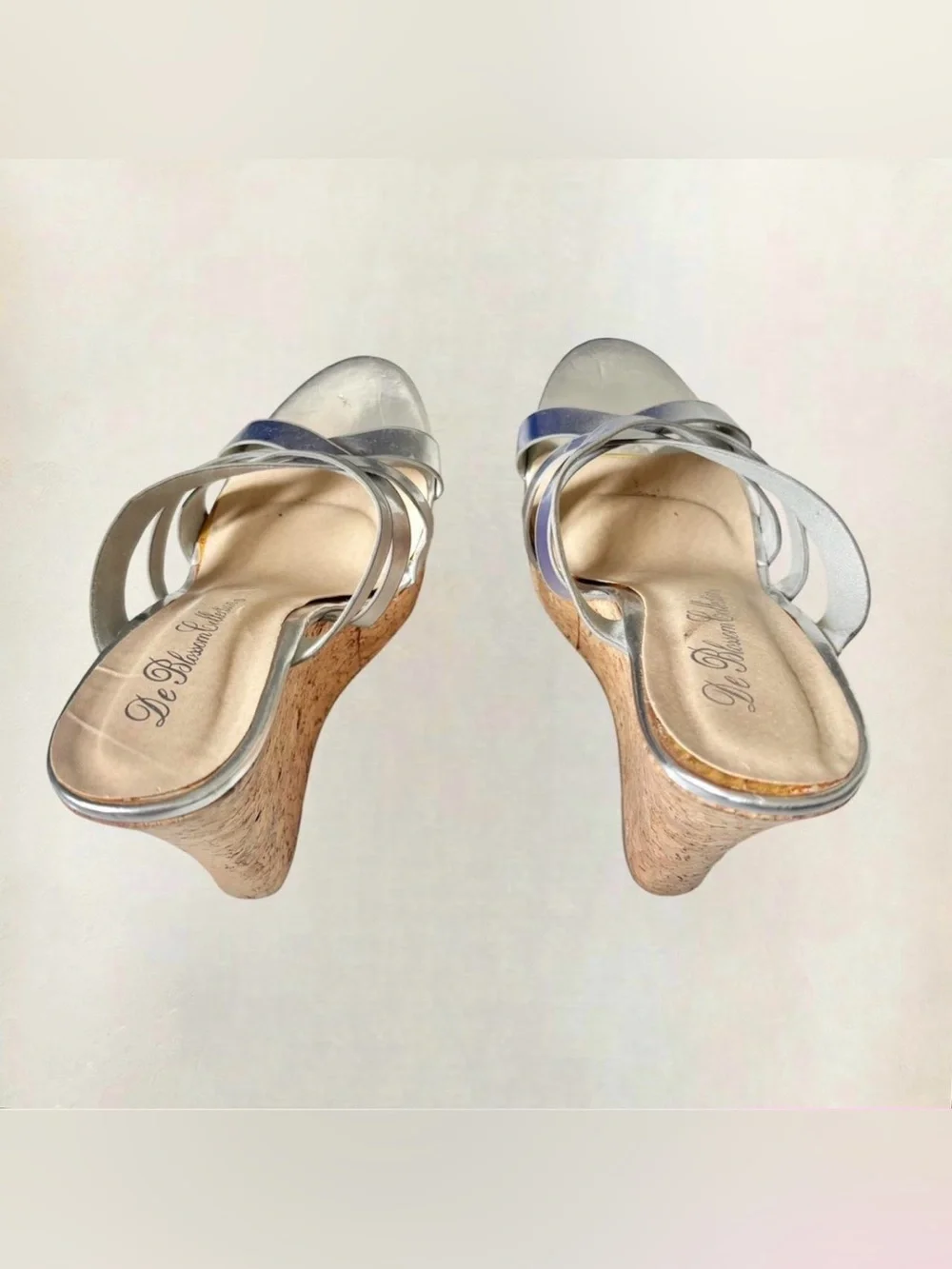 De Blossom Collection Silver Metallic Cork Wedge Sandals - used